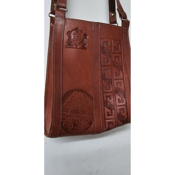 Mexican Hand Tooled Genuine Leather Aztec Handbag Purse - Picture 2 of 5